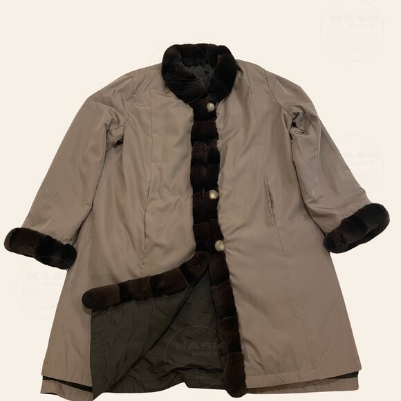 Reversible Rex Genuine Rabbit Fur Trim Coat XL | Chocolate Quilted & Taupe Nylon - Picture 2 of 13